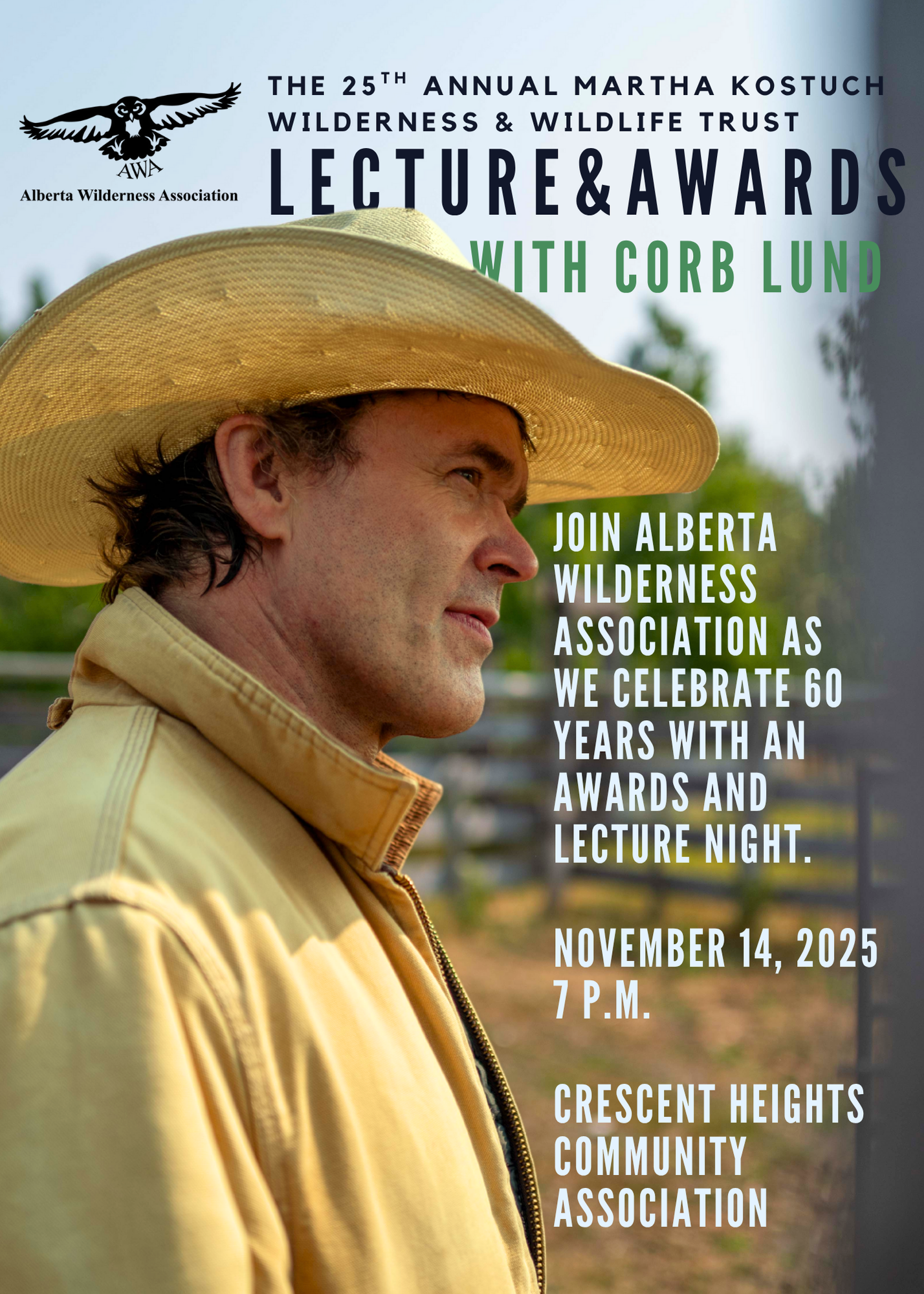 Promotional poster for the Alberta Wilderness Association&rsquo;s 2025 Lecture and Awards Evening featuring Corb Lund in Calgary.