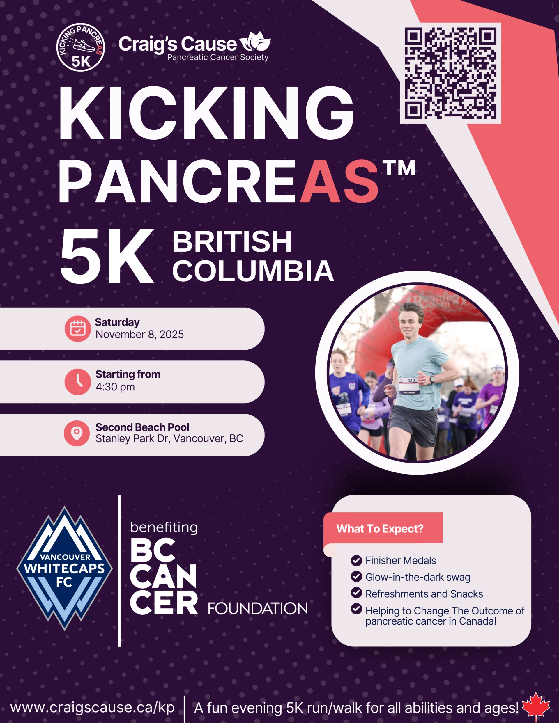 Participants running in the Kicking PancreAS 5K charity event in Vancouver organized by Craig&rsquo;s Cause Pancreatic Cancer Society.