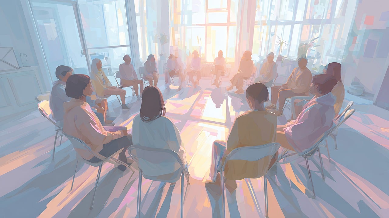 Group therapy session in bright room symbolizing accessible mental health care in Ontario